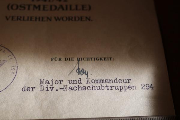 Medal Winter Battle in the East with a certificate - Fahrkolonne 4/294 1942